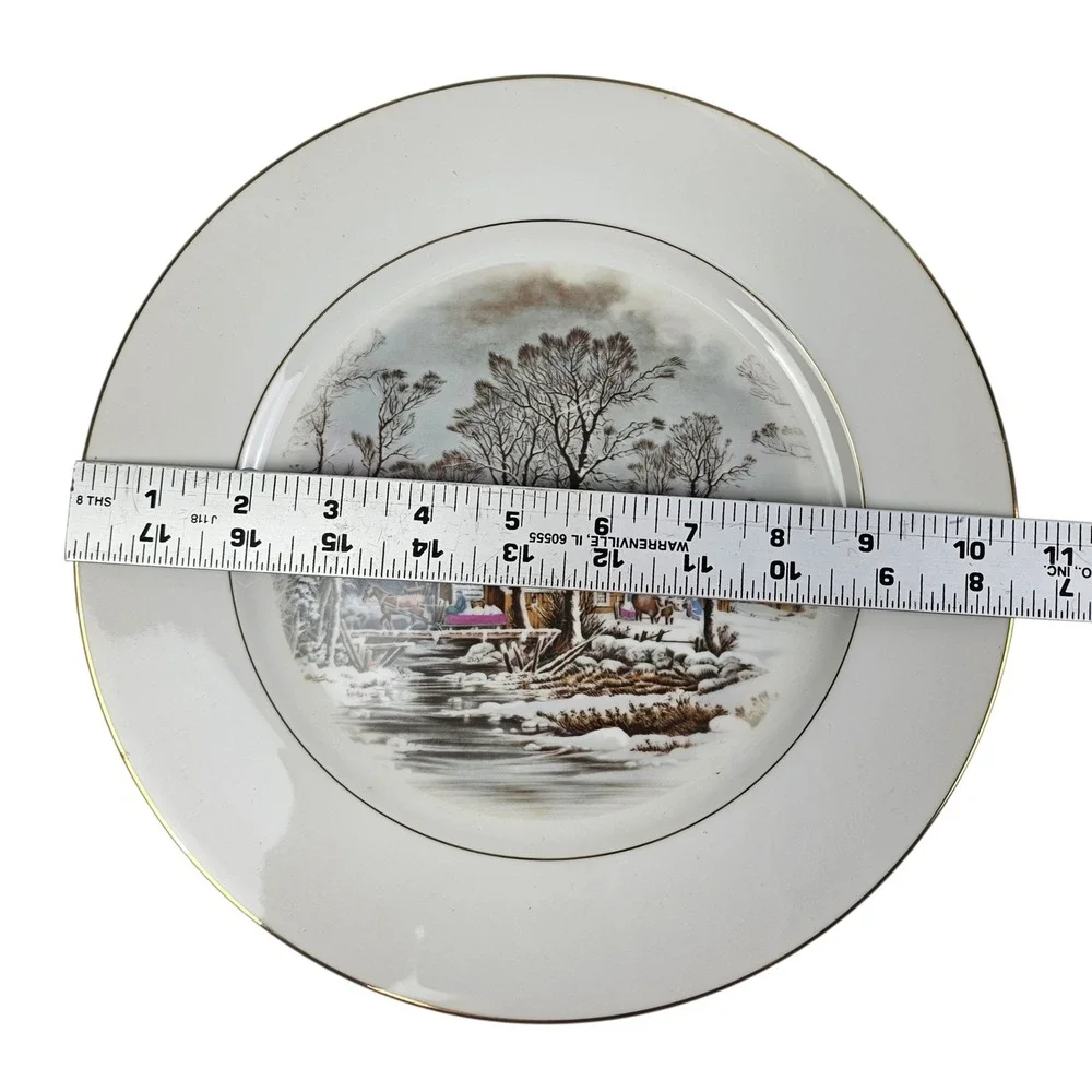 Vintage Avon Fine Porcelain Winter Scene 5 Piece Dinnerware Set Gold Rim Japan